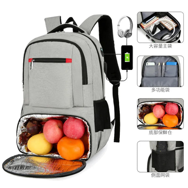 Insulated Oxford cloth backpack in light grey showing compartments and curved shoulder straps.