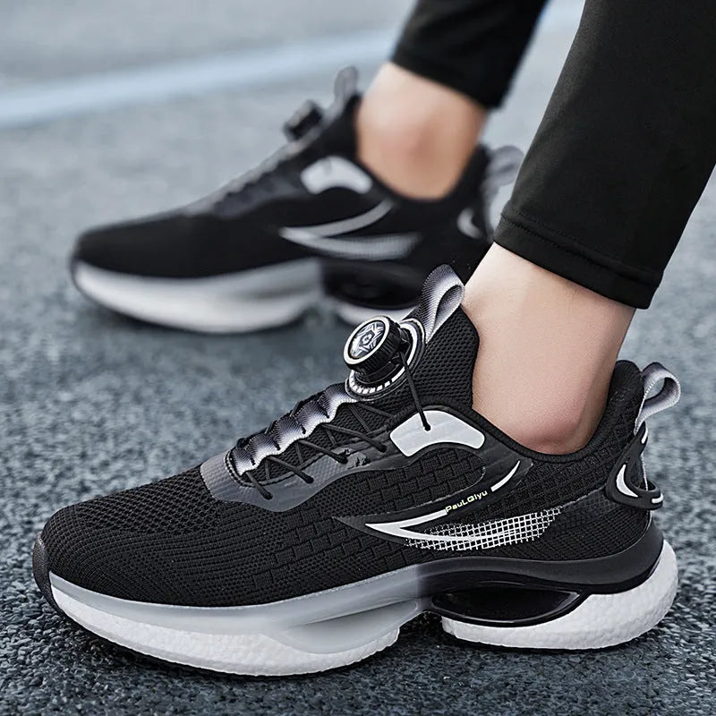 Rotating button running shoes in beige with Fly-kit mesh upper and buckle fastening