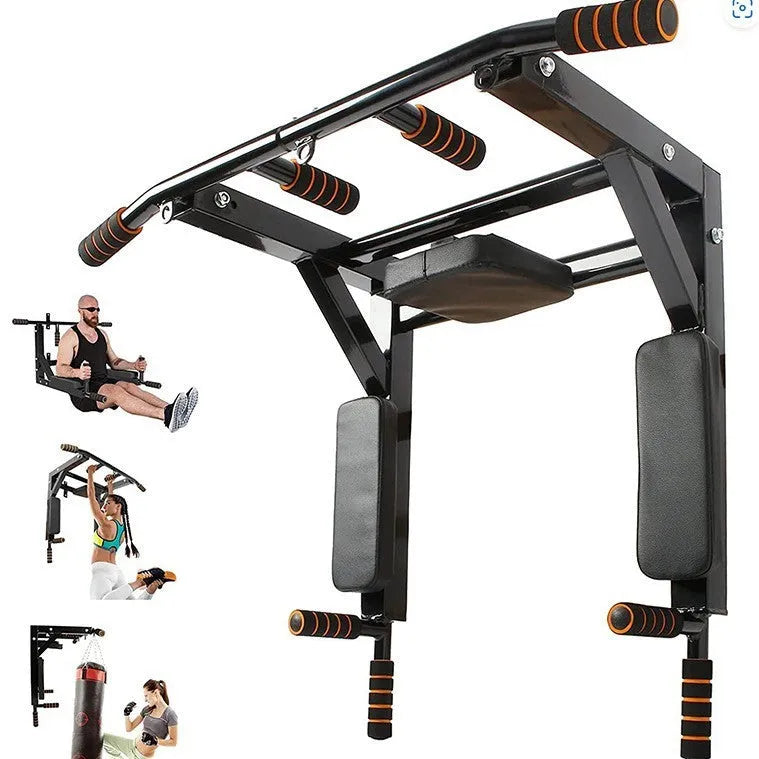 Matte black wall-mounted sandbag rack with integrated single parallel bars pull-up fitness equipment