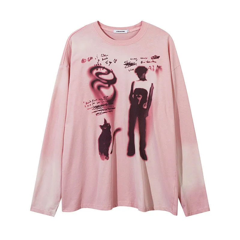 Women's loose dark grey cotton pullover top with letter pattern and drop shoulder sleeves