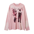 Women's loose dark grey cotton pullover top with letter pattern and drop shoulder sleeves