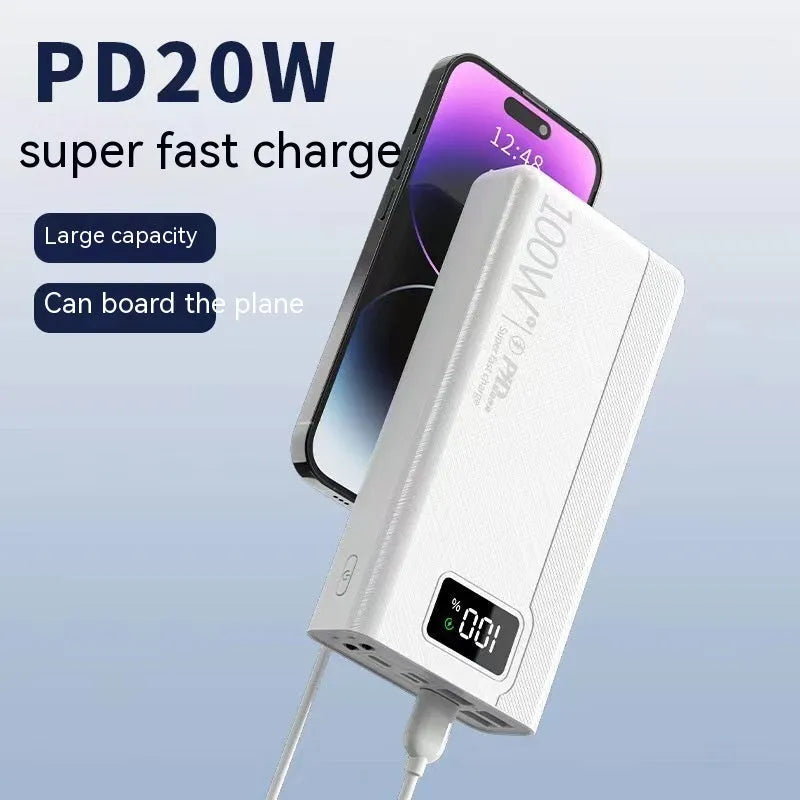 Large capacity power bank in black or white with plastic shell, dimensions 150×76×30-50mm
