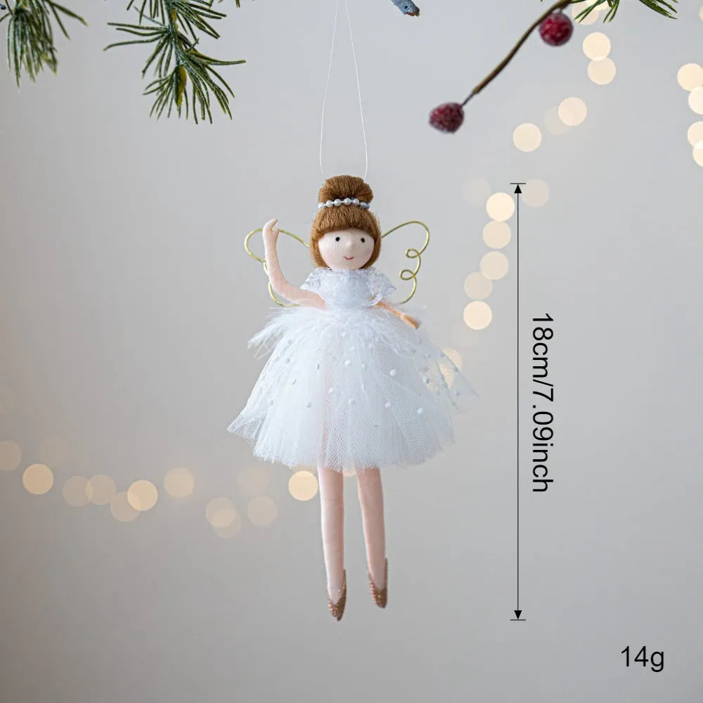 Pink and white cloth ballet girl angel plush doll pendant on a plain background.