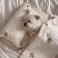 Simple Bear design three-piece dog bed set with pillow, mattress, and quilt in two size options.