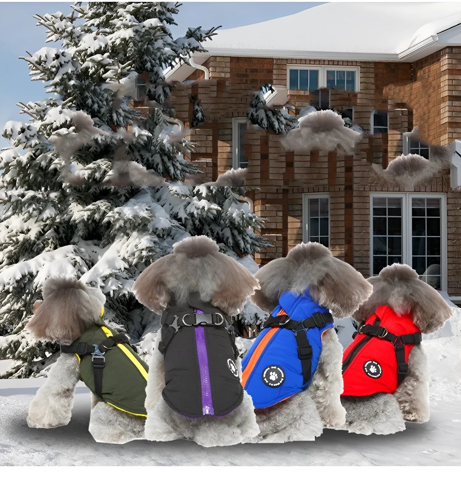 Dog wearing chest strap jacket with cotton padding in blue colour