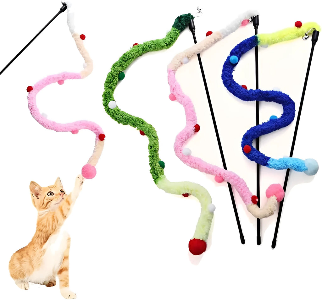 Blue cat teaser wand with a long plush strip and fluffy bell toy on a 41cm pole.