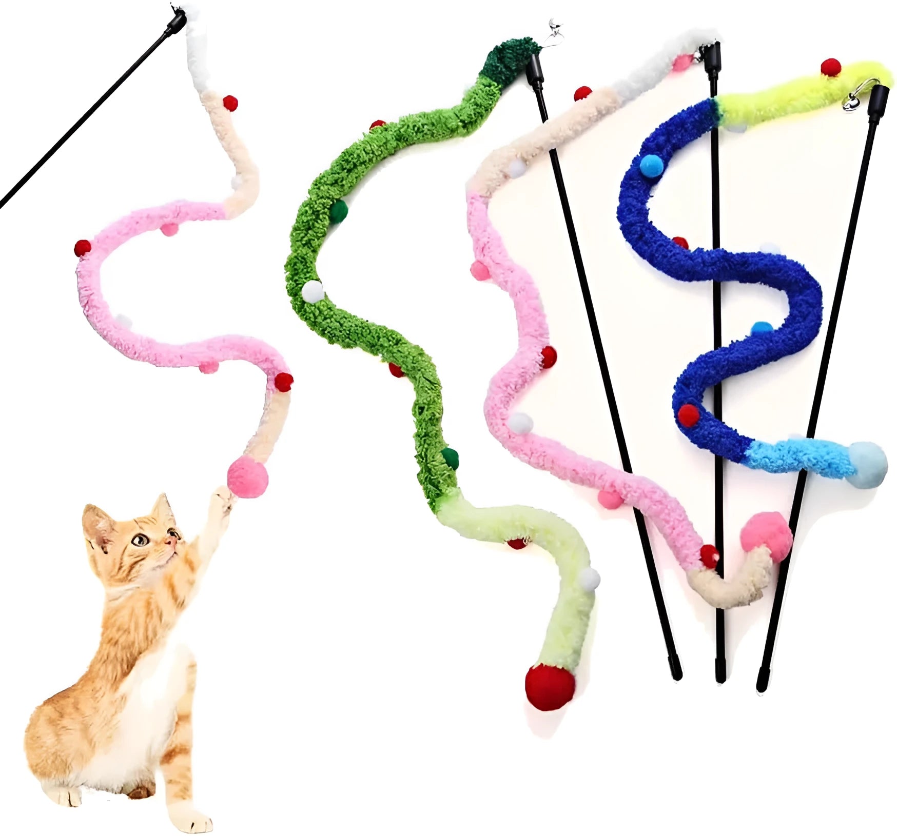 Blue cat teaser wand with a long plush strip and fluffy bell toy on a 41cm pole.