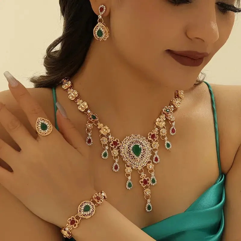 Gold alloy 4-piece jewellery set with bubble and sphere design – earrings, necklace, ring, and bracelet