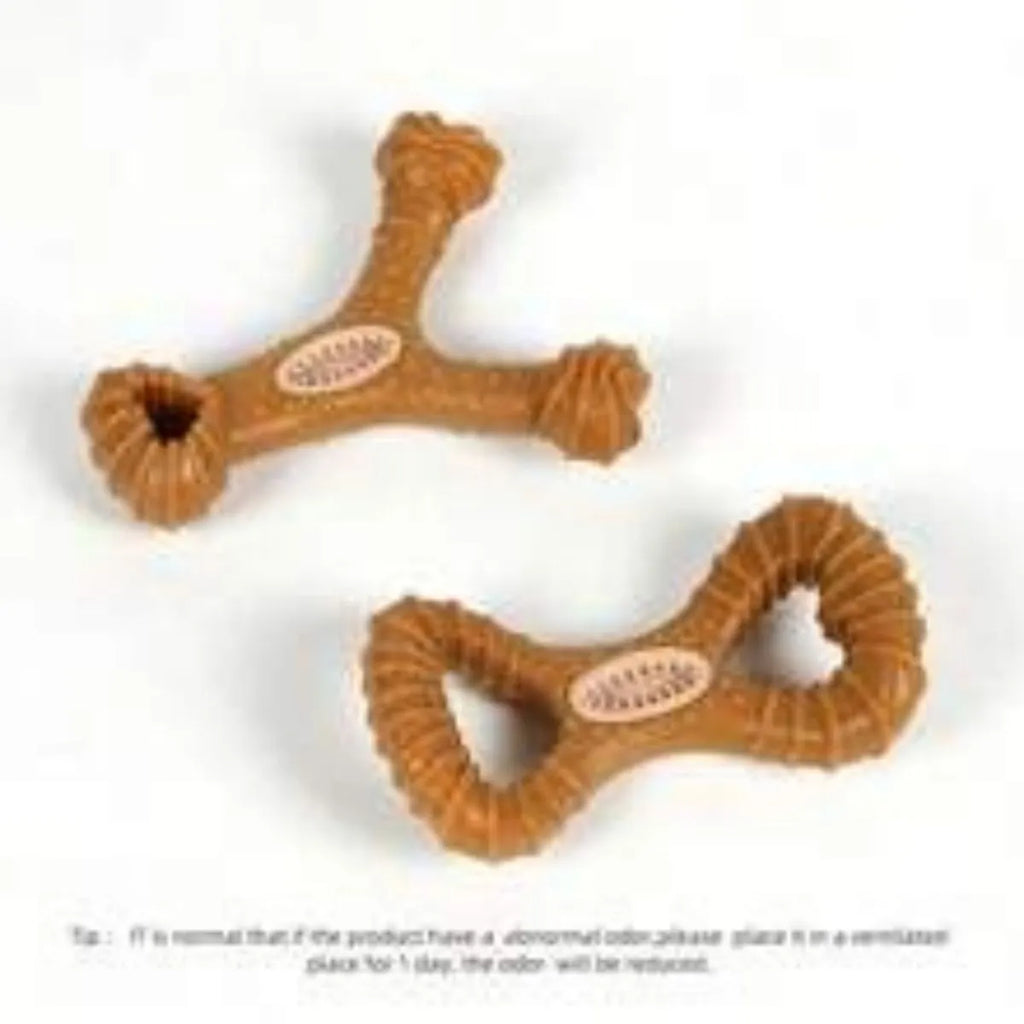 Durable rubber dog chew bone toy for teeth cleaning, shown in 8-shape and Y-shape designs.