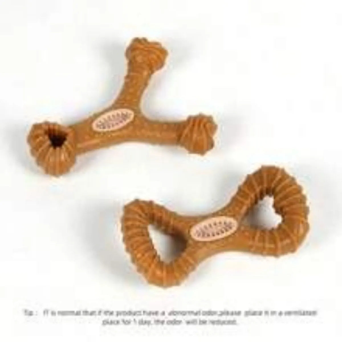 Durable rubber dog chew bone toy for teeth cleaning, shown in 8-shape and Y-shape designs.