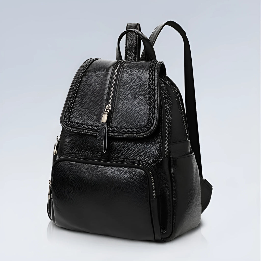 Blue genuine leather women's backpack with street style design showing internal organiser compartments