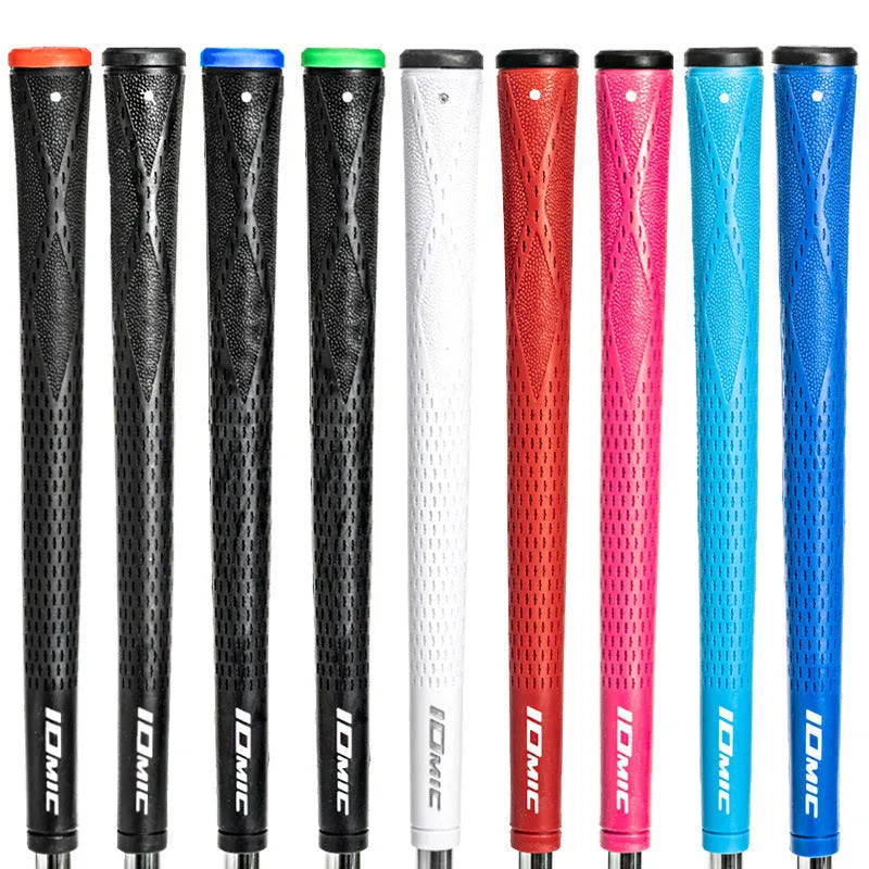 TPE material golf grip shown in various colour options including pink, red, and black.