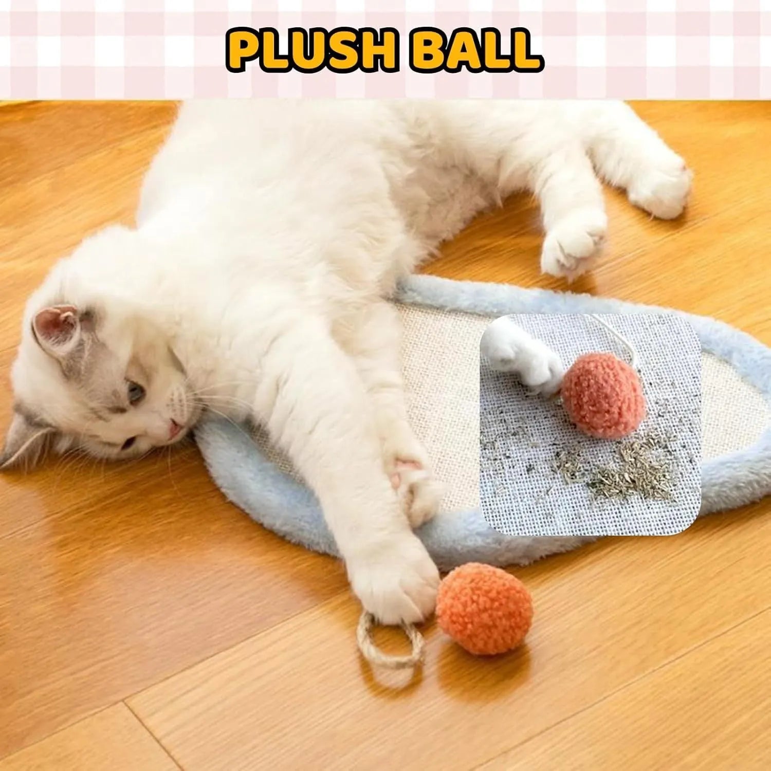 White cat scratching mat with natural sisal surface featuring sleeping cat cartoon design