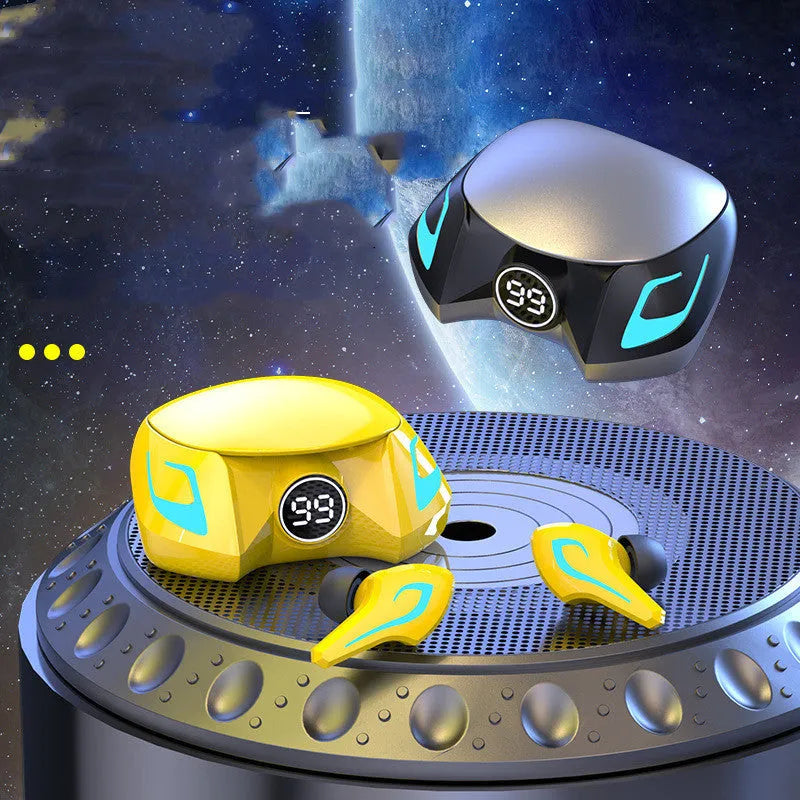 Black, dark grey, and yellow colour variants of a Bluetooth gaming headset with earplug-style earpieces.