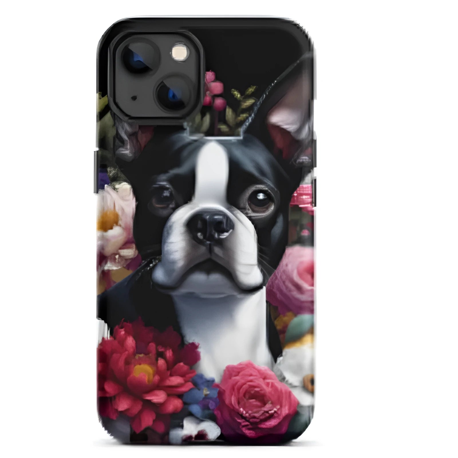 Black glass phone case with cute cartoon design for Apple iPhone 12-15 series, silicone edges, back cover
