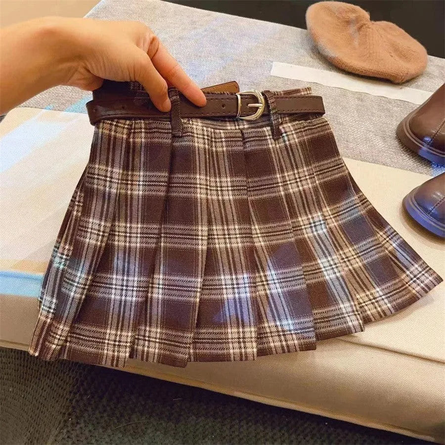 Children's cotton plaid pleated skirt with A-line silhouette shown on mannequin