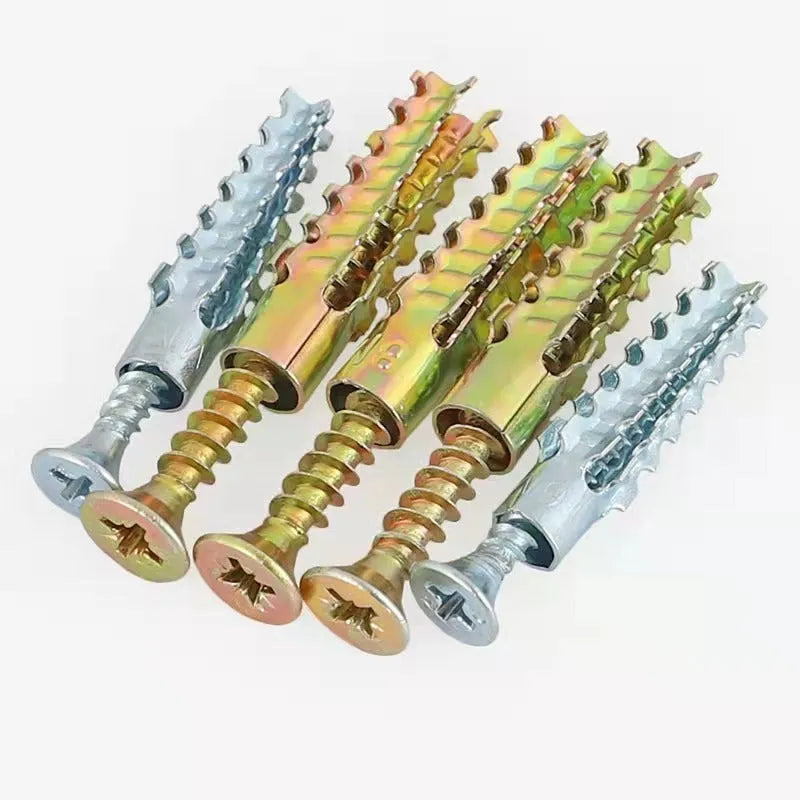 Metal Christmas tree barbed expansion tube screws in various sizes for concrete and brick walls.