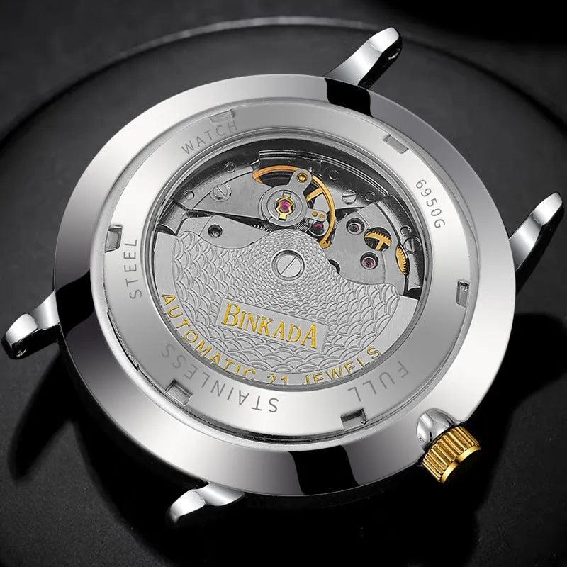 Gold white surface men's automatic waterproof mechanical watch with multi-function dial and 9mm thickness