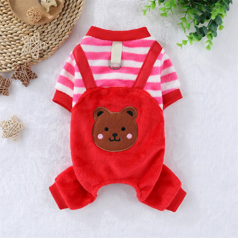 Red striped flannel four-leg pet clothing on a small pet, showing full body coverage and casual style