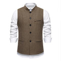 Men's retro stand collar herringbone suit vest in dark gray with top stitching slit pockets, straight fit
