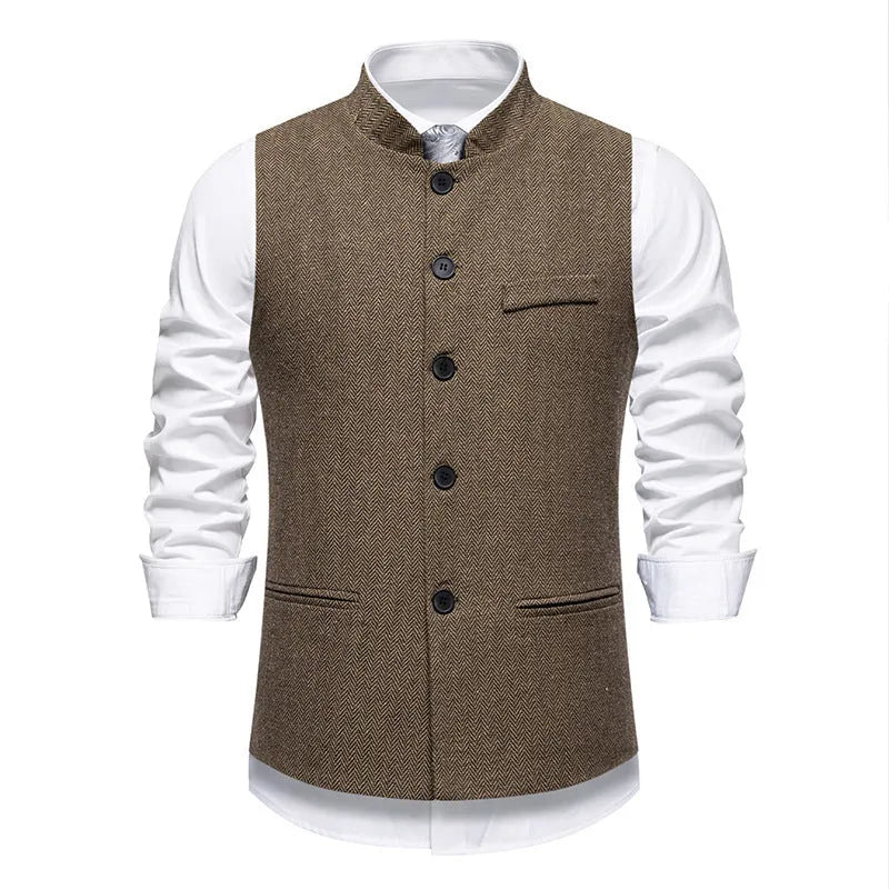 Men's retro stand collar herringbone suit vest in dark gray with top stitching slit pockets, straight fit
