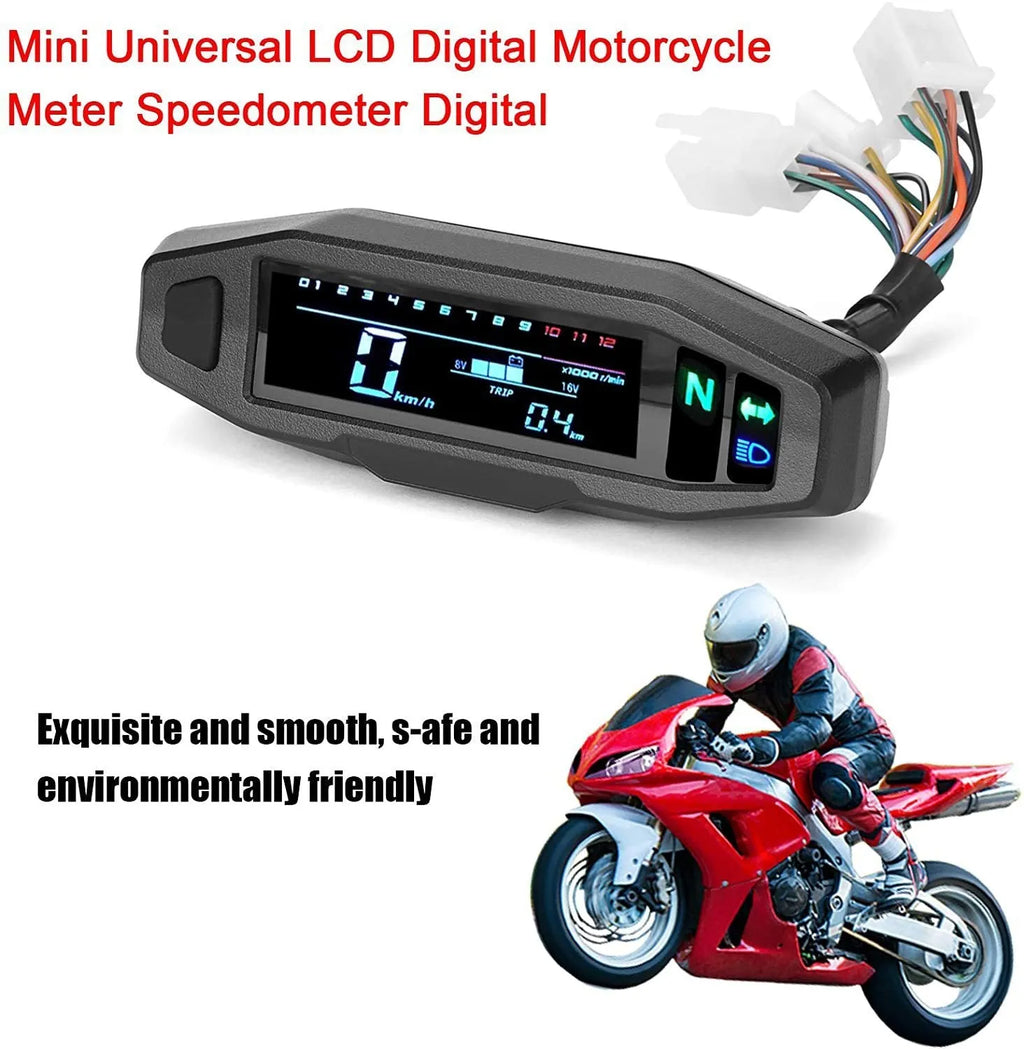 Black mini motorcycle LCD speedometer and multi-function gauge showing digital display.