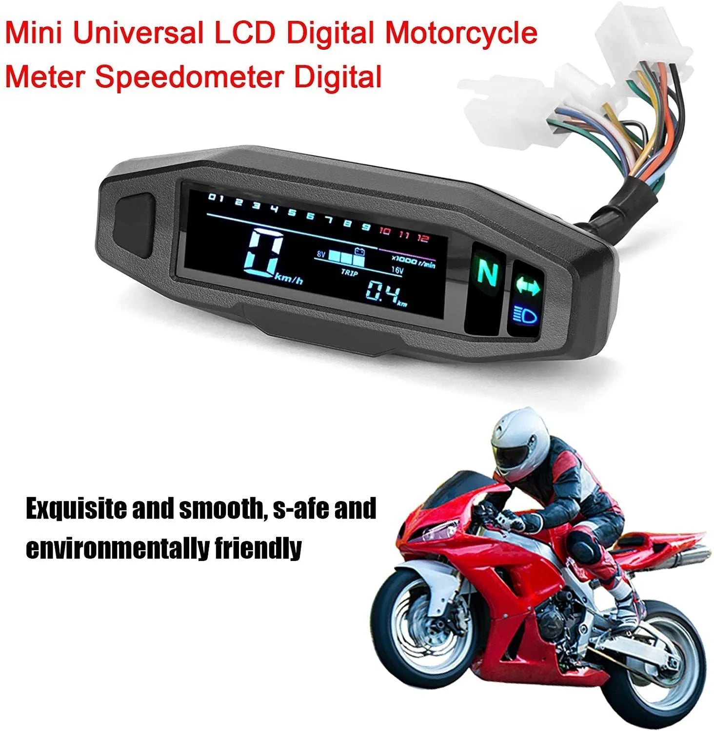 Black mini motorcycle LCD speedometer and multi-function gauge showing digital display.
