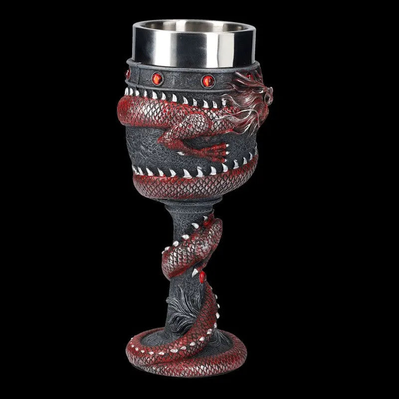 Red wine glass with Chinese dragon 3D stainless steel detailing in gold colour