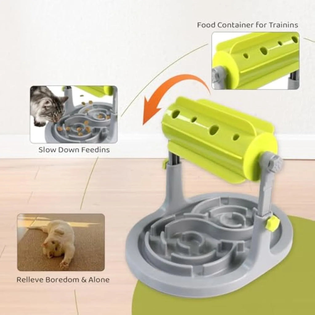 Blue interactive pet puzzle slow feeder bowl with raised patterns and adjustable height mechanism