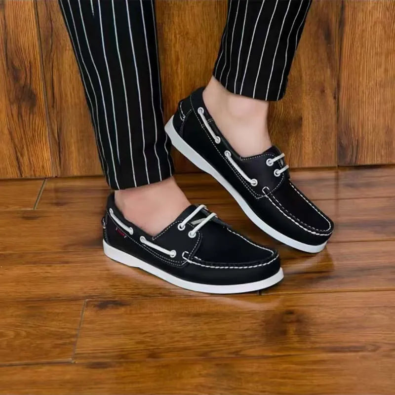 Men's British style flat heel casual shoes in artificial PU, shown in available colours.