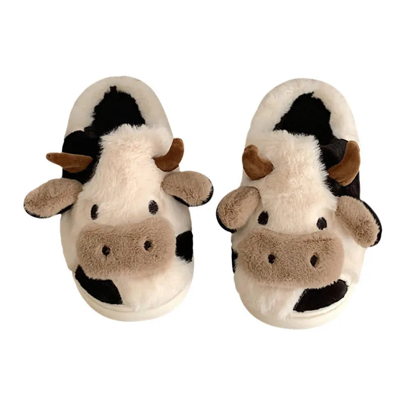 White cow animal slippers with plush faux fur and textured anti-slip soles