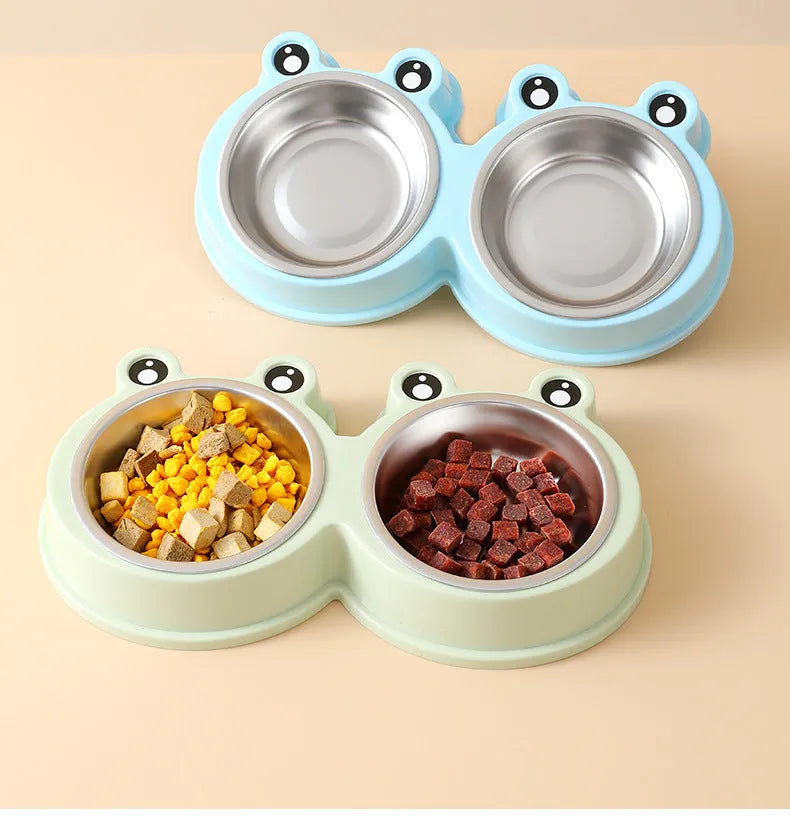 Stainless steel pet double bowl for cat and dog feeding in blue, green, and pink colours.