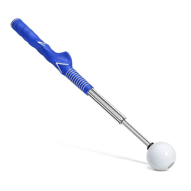 Telescopic golf swing trainer in stainless steel, shown extended for use