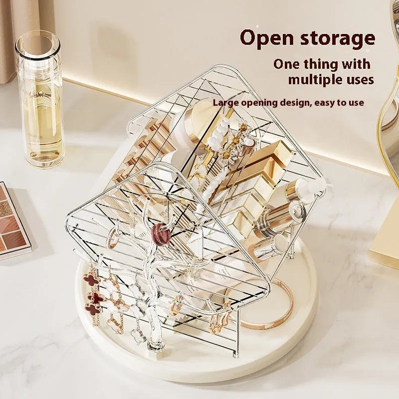 Clear and Amber Gold rotating plastic cosmetics storage box on a countertop