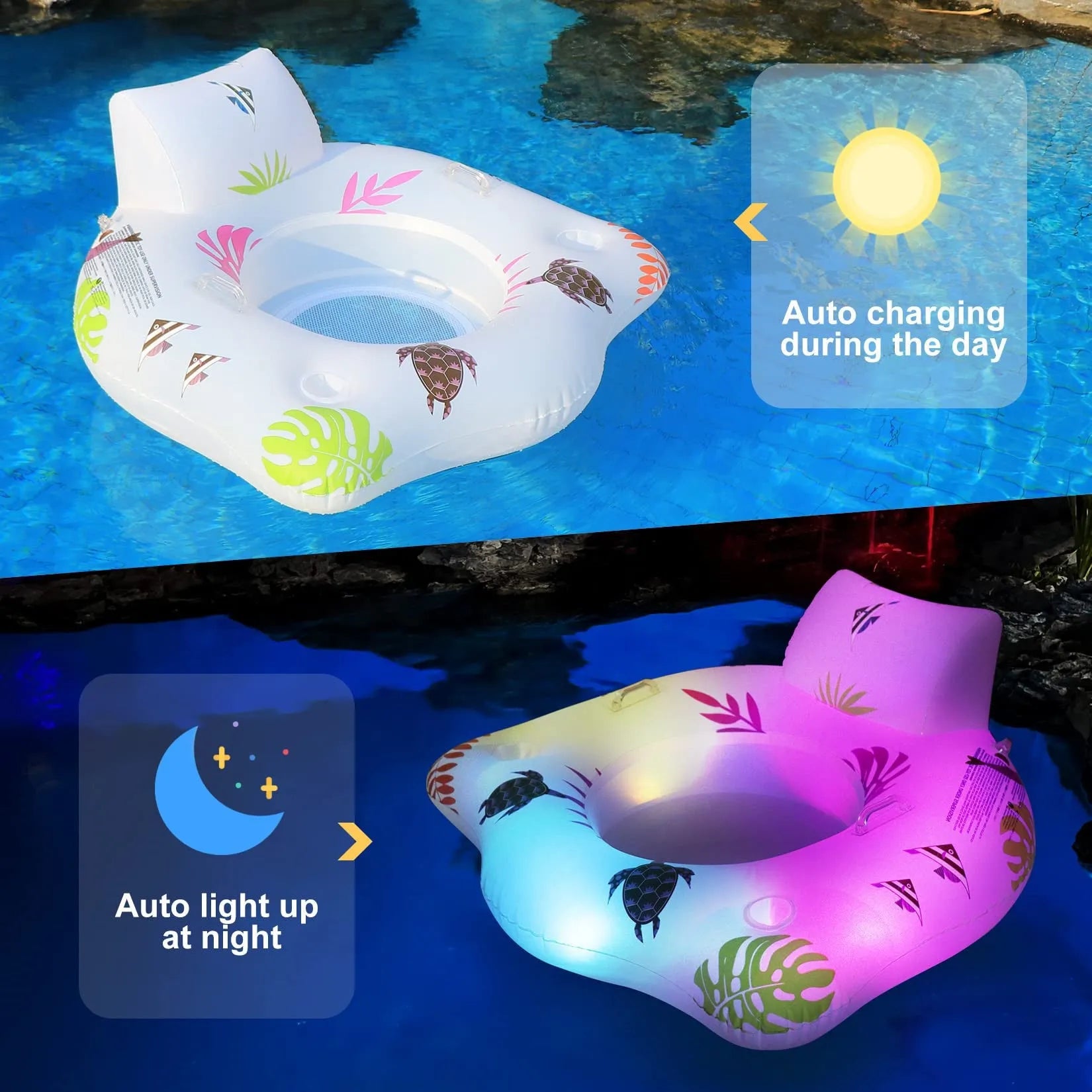 White luminous U-shaped inflatable PVC float for water, showing recliner seat design.