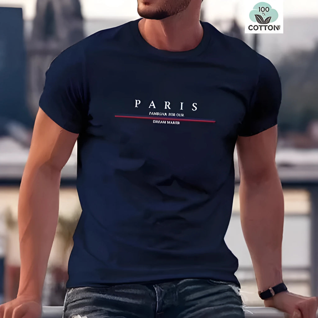 Men's casual white cotton t-shirt with black letter print, loose fit, short sleeves.