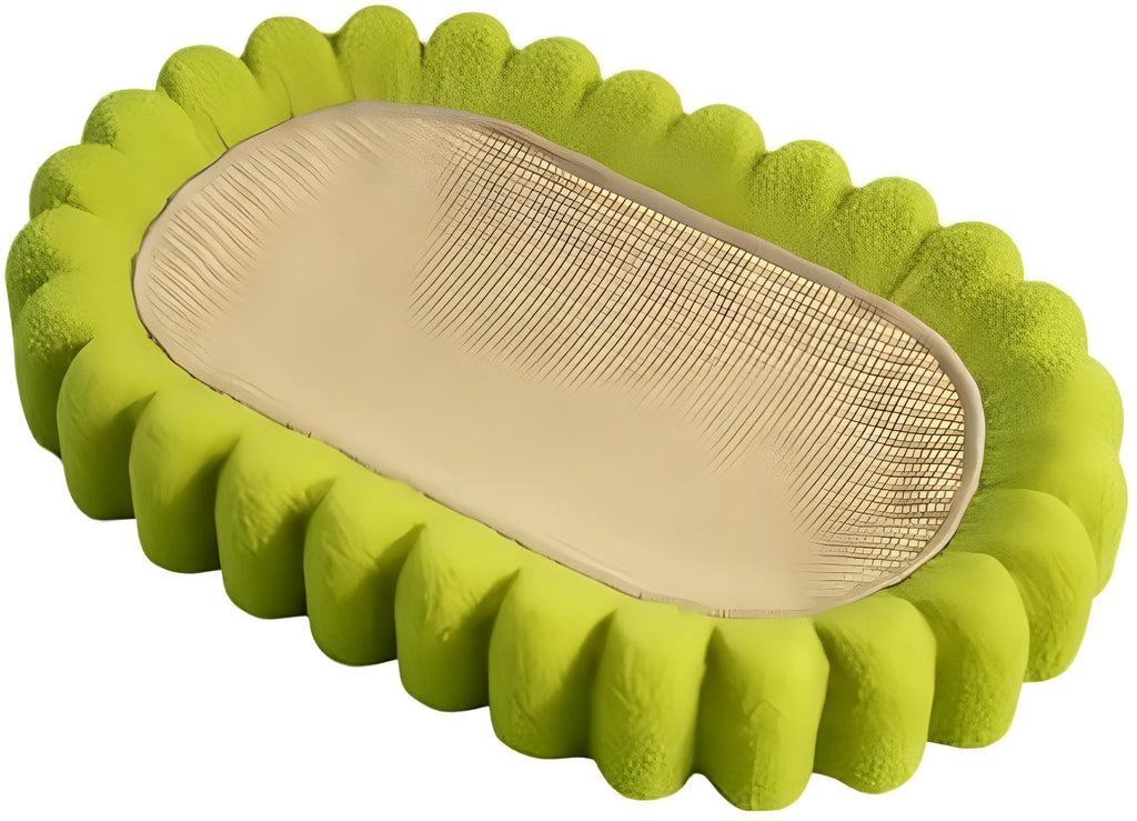 Green oval cat scratch pad bowl with sisal scratching surface and built-in cat bed