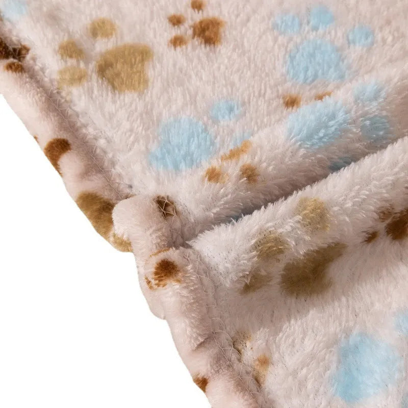 Blue cartoon dog pattern double-sided pet blanket shown on a dog bed, with size options 60x80cm, 100x120cm, 100x150cm.