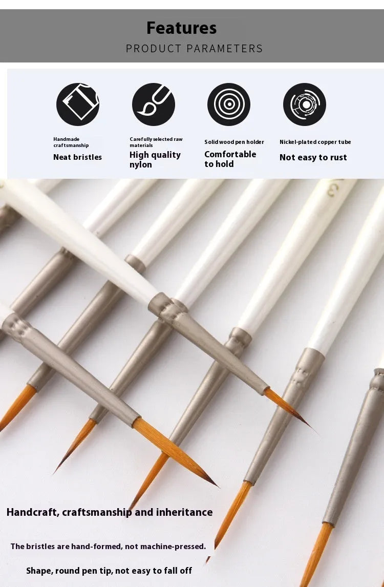 Set of 12 hook line art brushes with nylon wool bristles and wood handles for watercolour painting
