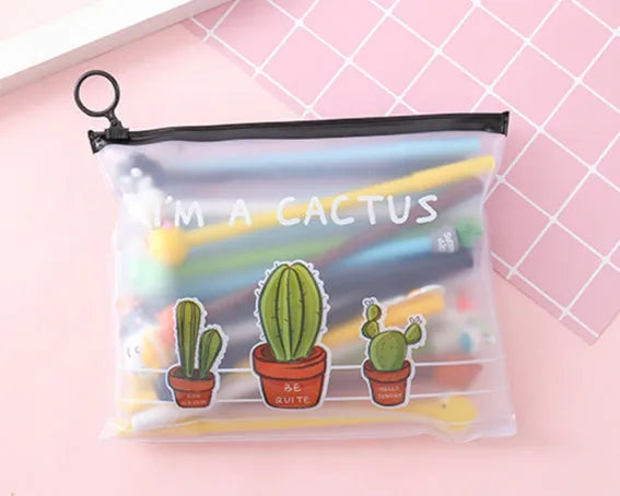 Marvel cactus cartoon design plastic pen case open to show twenty black gel pens with 0.5mm tips.
