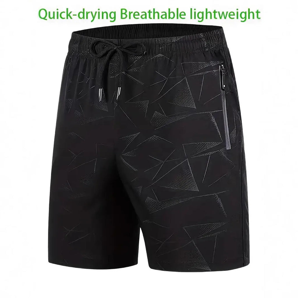 Men's loose-fit printed sports shorts in polyester fabric available in black, grey, or blue colours