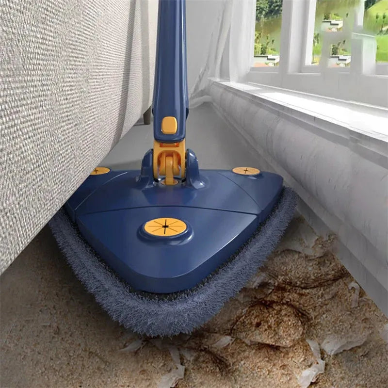 Extendable triangle mop with rotating blue head and adjustable stainless steel pole for corner cleaning