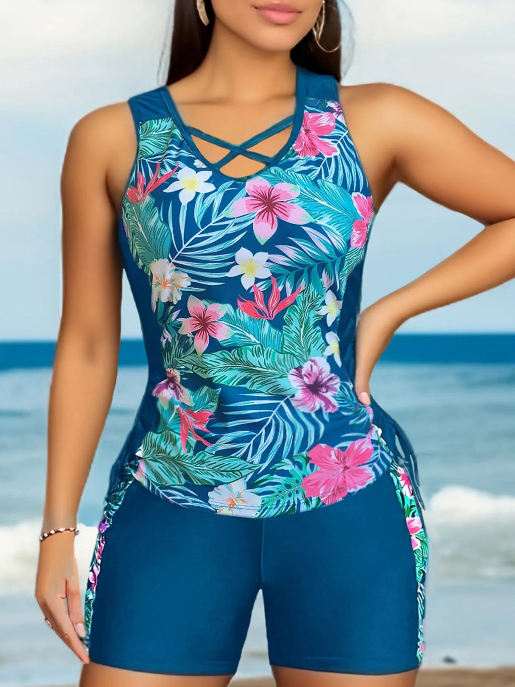 Plus size floral printed bikini with high waist brief and conservative backless design in navy blue colour
