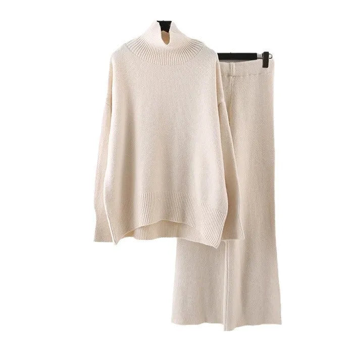 Women's casual long-sleeve sweater and wide-leg trousers co-ordinated set.