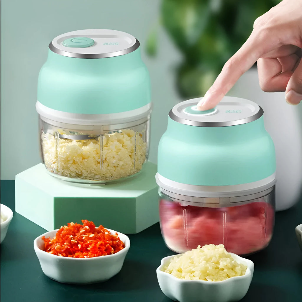 Electric food chopper with transparent cup and stainless steel blade showing 150ml and 230ml capacity options