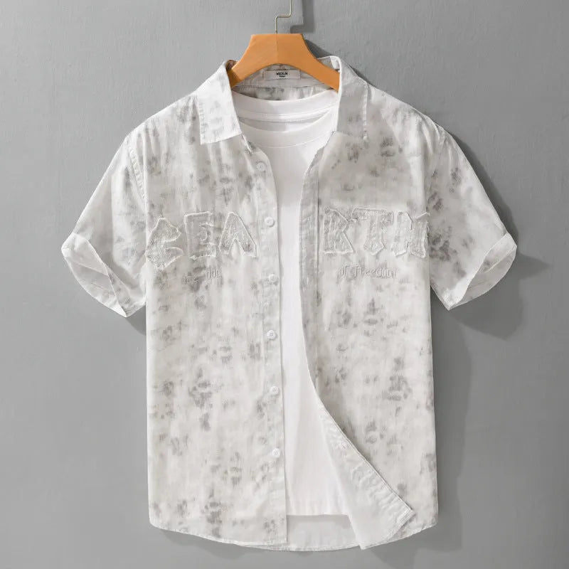 Men's gray white pure cotton short sleeve cardigan with hanging dyed print, loose casual fit
