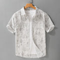 Men's gray white pure cotton short sleeve cardigan with hanging dyed print, loose casual fit