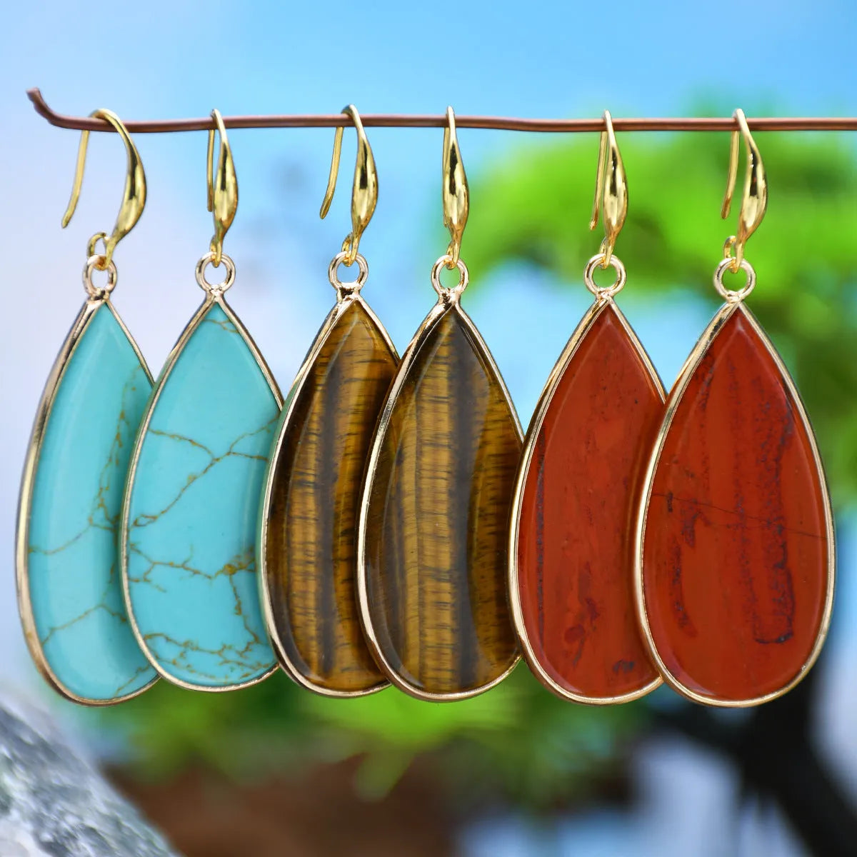Vintage long water drop earrings handmade from stone in tigereye, amethyst, pink crystal, redstone or turquoise