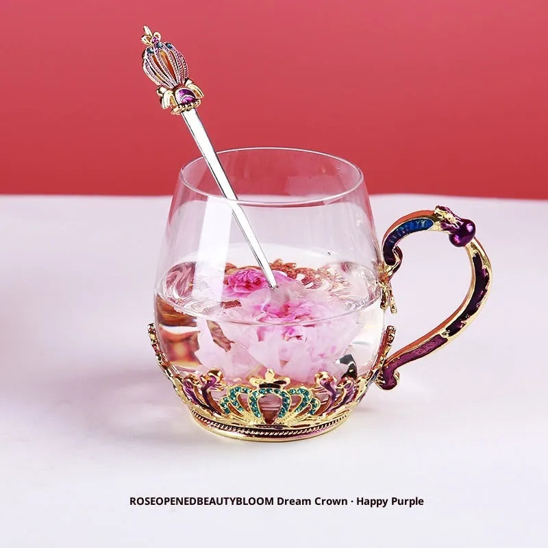 Household enamel cup crown flower tea cup set with heat-resistant glass cup, spoon, lid, and plate, round shape, 301-400ml