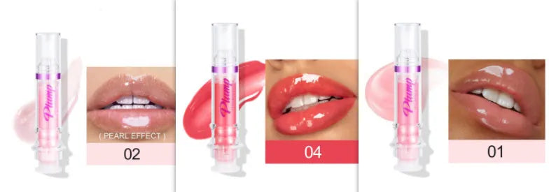 Lip gloss tube with mirror finish showing shiny application on lips